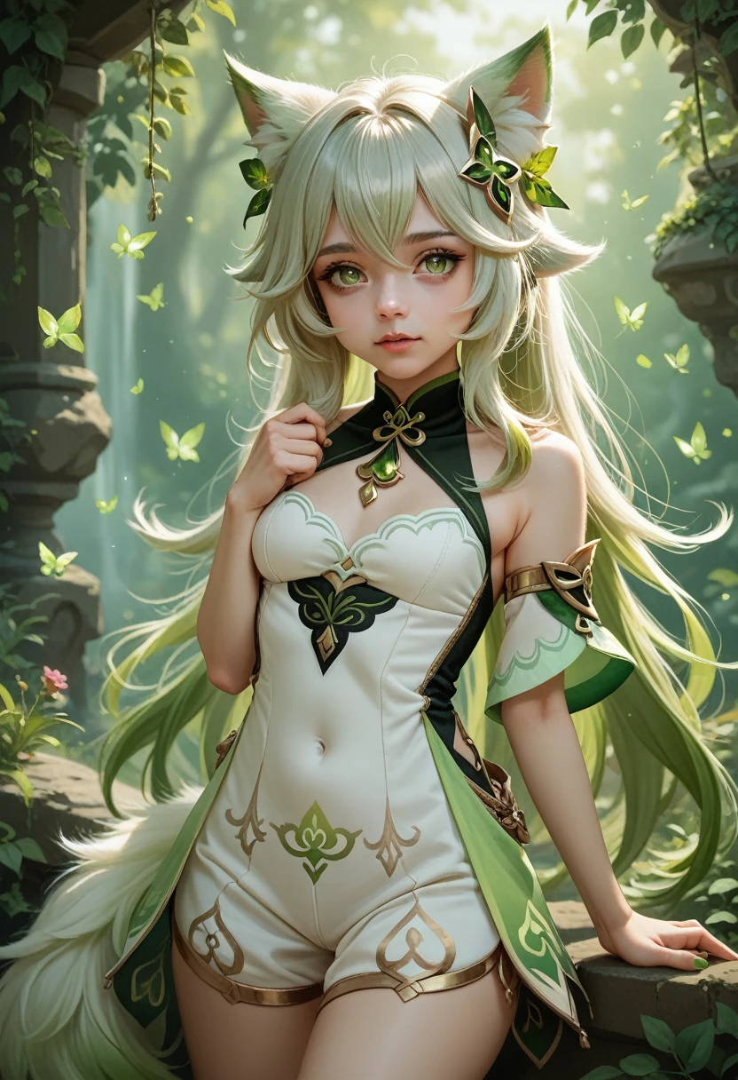 (fluffy anthro fluffy:1.3),  1 girl, One, hair, fox, fox ears, fluffy, Nahida (Genshin&#39;s influence),cross-shaped pupils, green eyes,(Ponytail, pointed ears:0.6),Best quality,masterpiece,very gentle and beautiful , (one cute girl in the center:1.2), (One:1.3), Nahida (Genshin&#39;s influence), cross-shaped pupils, (Ponytail, pointed ears,:0.6) ,cowboy shot,hands behind your back,Two arms,fluffy fox tail,