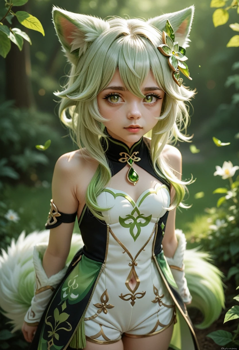 (fluffy anthro fluffy:1.3), 1 girl, One, hair, fox, fox ears, fluffy, Nahida (Genshin's influence),cross-shaped pupils, green eyes,(Ponytail, pointed ears:0.6),Best quality,masterpiece,very gentle and beautiful , (one cute girl in the center:1.2), (One:1.3), Nahida (Genshin's influence), cross-shaped pupils, (Ponytail, pointed ears,:0.6) ,cowboy shot,hands behind your back,Two arms,fluffy fox tail,