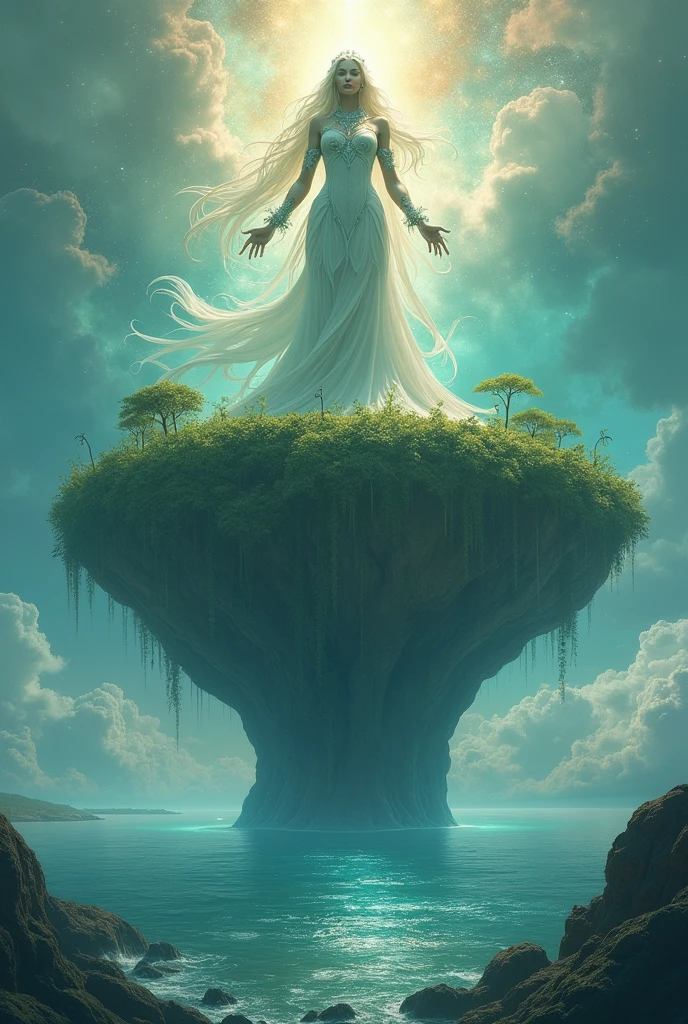 The god Giaa is above the sea, holding up a vast and fertile world.