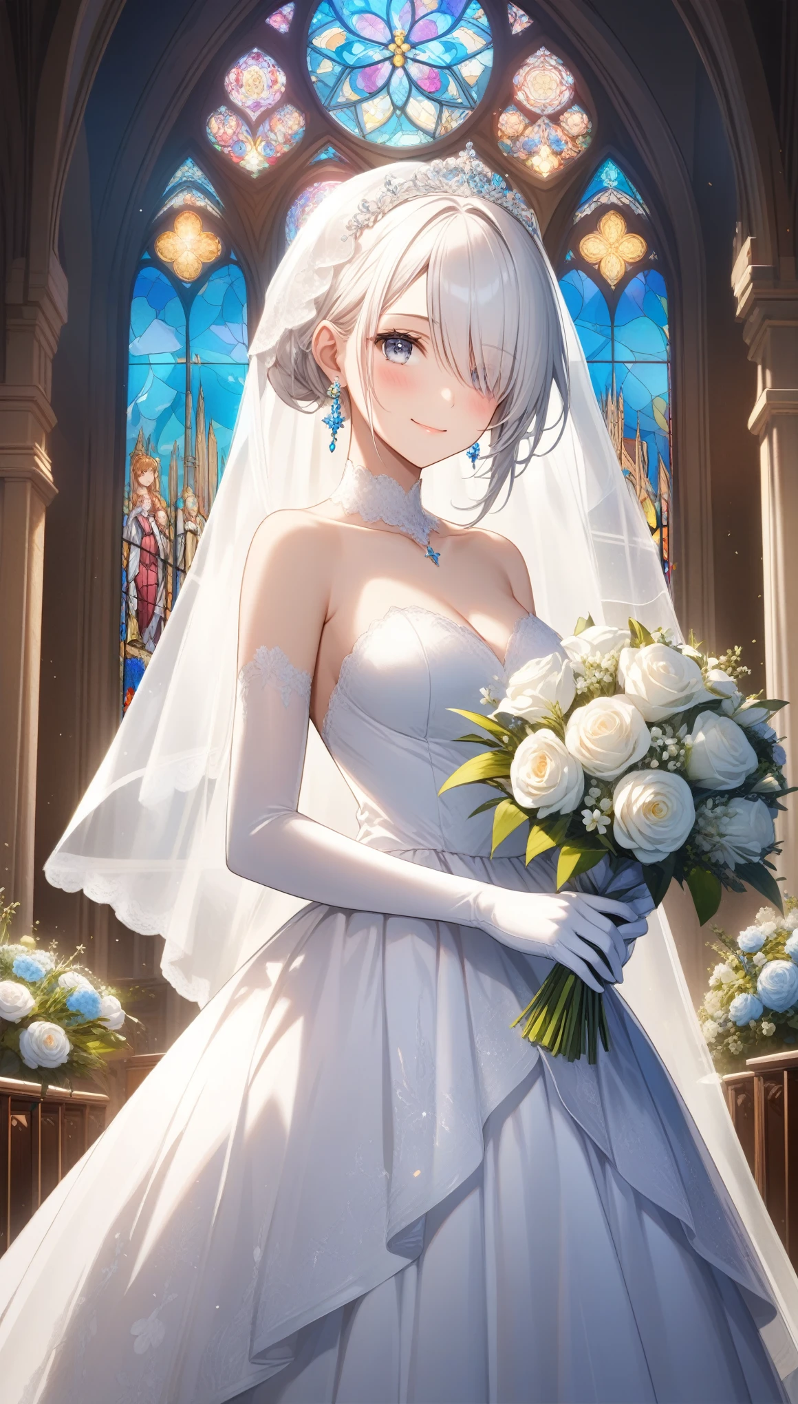 1girl, solo, long hair, breasts, looking at viewer, blush, smile, bangs, gloves, dress, holding, bare shoulders, jewelry, medium breasts, closed mouth, standing, collarbone, flower, white hair, earrings, elbow gloves, indoors, white gloves, white dress, hair over one eye, grey eyes, strapless, cross, white flower, veil, strapless dress, bouquet, wedding dress, bridal veil, holding bouquet, stained glass, church, ((32k)), ((best quality)), ((ultra high res)), ((HDR)), ((UHD)), ((extremely detailed CG)), ((unity 32k wallpaper)),