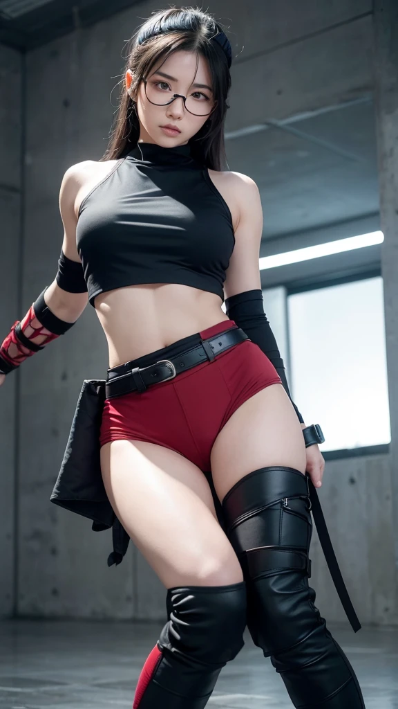 A realistic portrayal of a young female ninja, around , with an athletic build and a confident, determined expression. She has light skin and short, slightly wavy black hair that reaches her chin. One of her eyes is black, and the other glows bright red, hinting at a special power. She wears a ninja headband with her village's symbol on the metal plate and red rectangular glasses, giving her an intelligent, agile look. She is dressed in a sleeveless dark red shirt, black shorts, and black ninja sandals. Her hands are covered by combat gloves that extend to her forearms, and white bandages are wrapped around her legs. She carries a weapons pouch attached to her belt. The scene captures her in a confident stance, with a faint aura of energy radiating from her, indicating her inner strength and readiness for action. The background is a minimalist setting, focusing on the character’s presence and power
