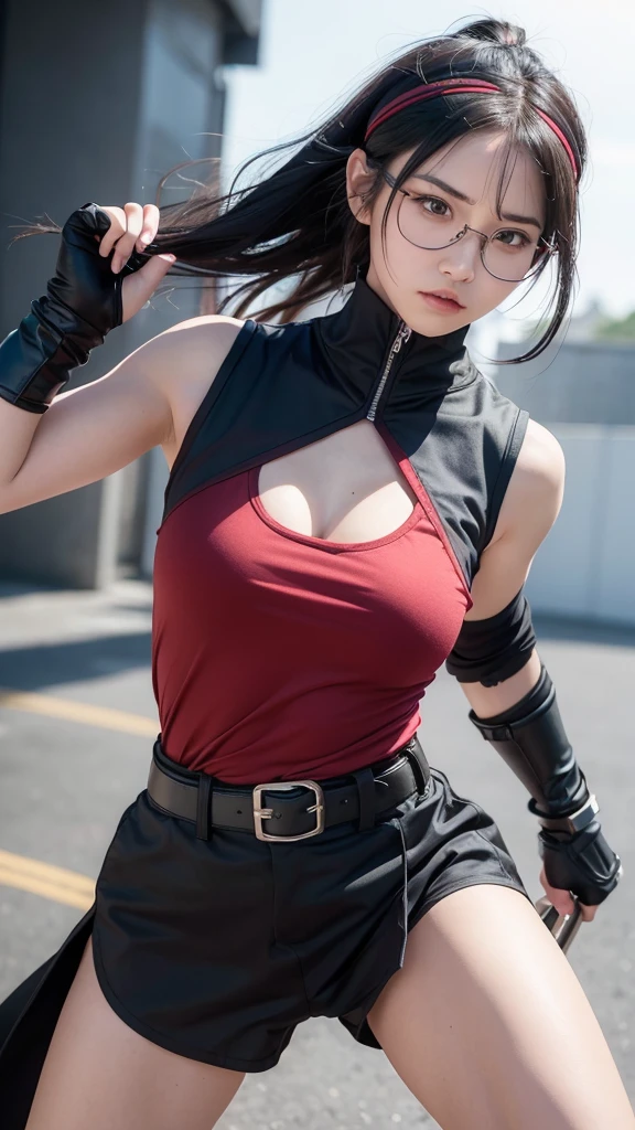 A realistic portrayal of a young female ninja, around , with an athletic build and a confident, determined expression. She has light skin and short, slightly wavy black hair that reaches her chin. One of her eyes is black, and the other glows bright red, hinting at a special power. She wears a ninja headband with her village's symbol on the metal plate and red rectangular glasses, giving her an intelligent, agile look. She is dressed in a sleeveless dark red shirt, black shorts, and black ninja sandals. Her hands are covered by combat gloves that extend to her forearms, and white bandages are wrapped around her legs. She carries a weapons pouch attached to her belt. The scene captures her in a confident stance, with a faint aura of energy radiating from her, indicating her inner strength and readiness for action. The background is a minimalist setting, focusing on the character’s presence and power