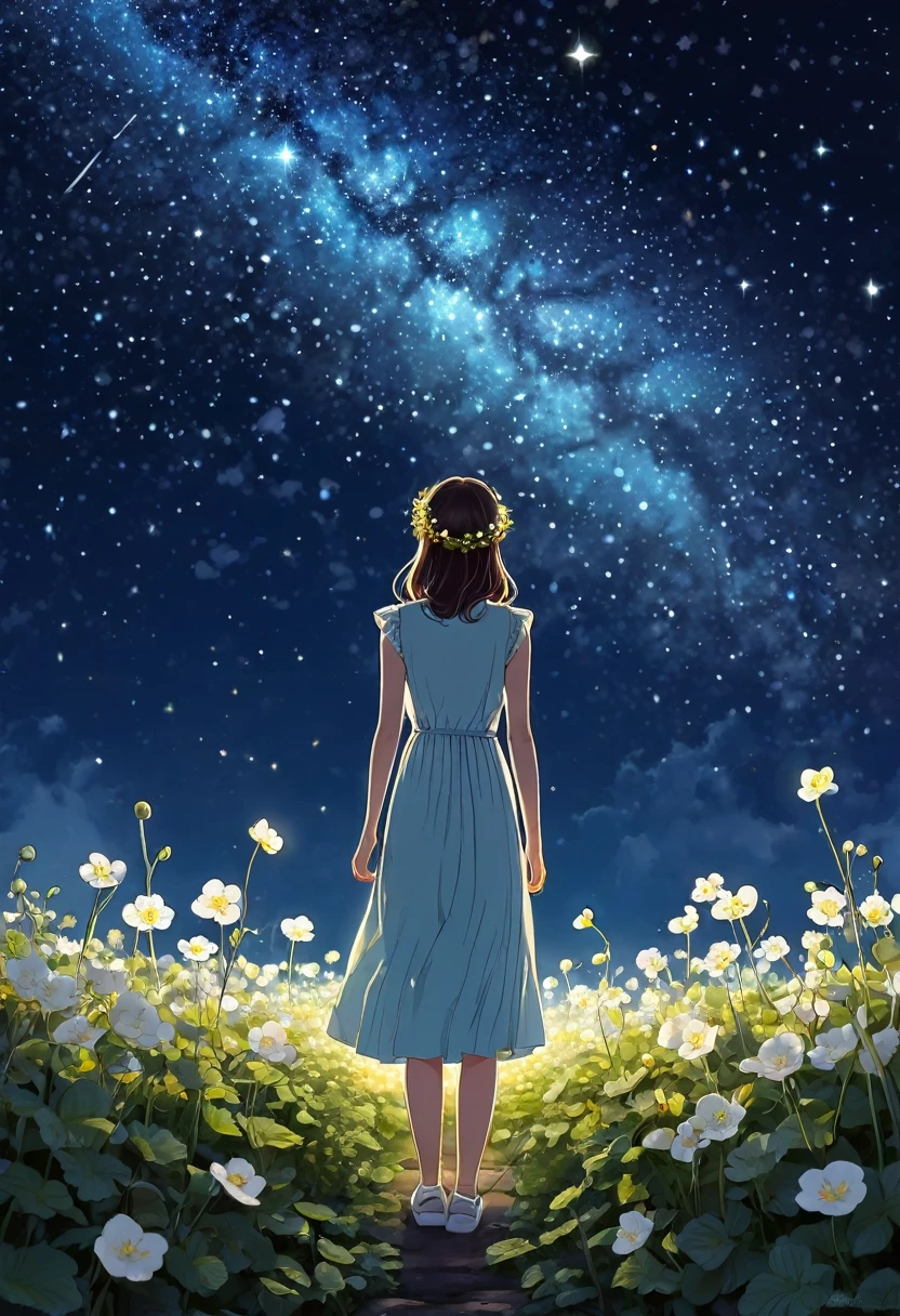 In the moonlight、A girl wearing a crown of evening primroses on her head、Looking up at the night sky。A group of evening primroses surround the girl.、A fantastic space spreads out。An illustration、Dreamy atmosphere