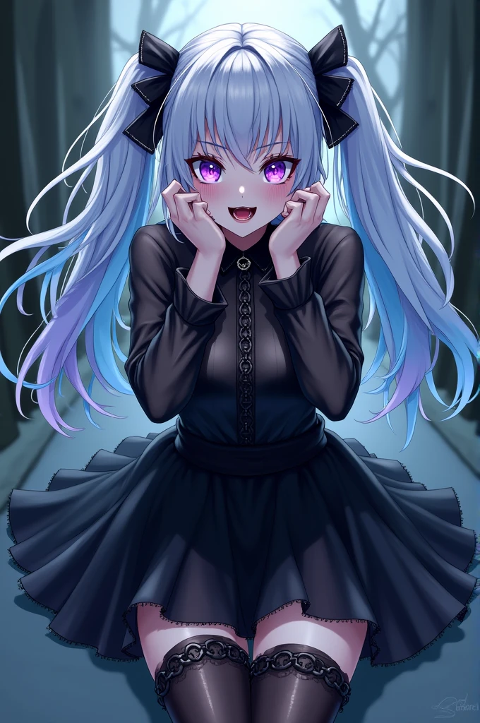 An anime-style woman with purple eyes, white hair with blue and purple streaks, Pale skin, mouth cut to the cheeks, dressed in a transparent black blouse, a skirt with black chains, some long and big boots in black and some stockings and with Creepypasta style