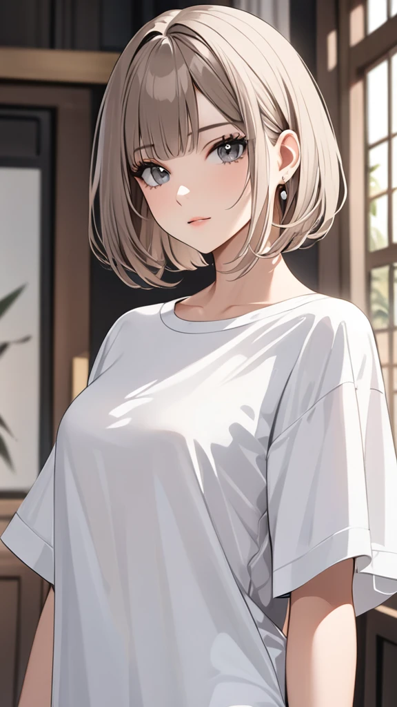 Highest quality masterpiece High resolution masterpiece Brown white Bob Grey Eyes blunt cut Front View Front hair wear cloth