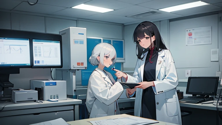 A female doctor in a white coat、Please draw an illustration of a doctor examining a patient in a hospital examination room.。The female doctor is explaining things to the patient kindly.、In the background, a desk with medical equipment and charts is depicted.。