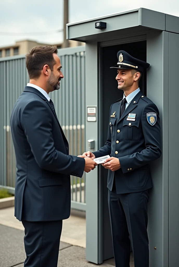 A man handing pass to a guard at a guard house