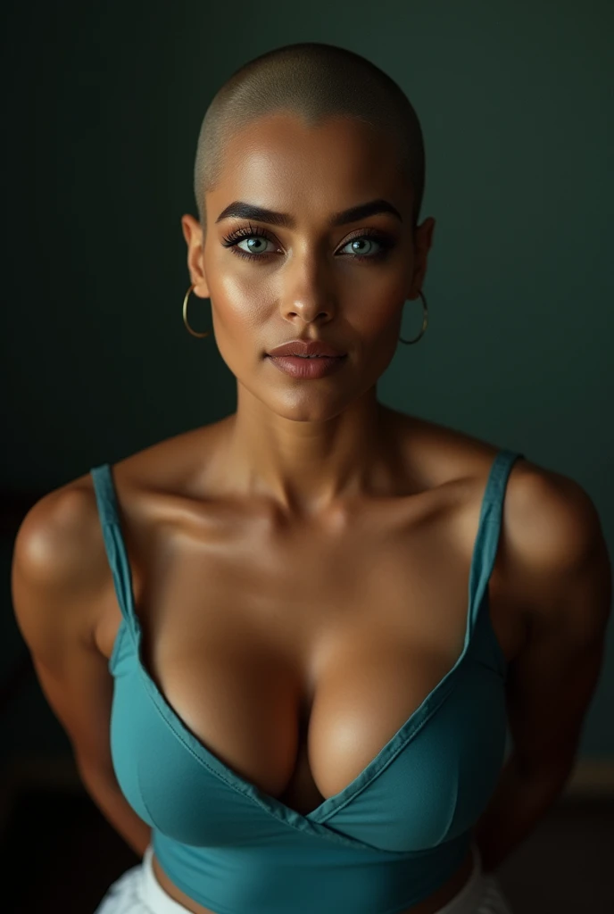 close-up portrait, (portrait photo), ((best quality)), masterpiece, 8k wallpaper, nikon, cinematic lighting, bald head, ((blue iris)), (photorealistic:1.4), (pooja hegde), (as maid), hourglass figure, curvy, swooping breasts, (deep cleavage), (doing push ups),