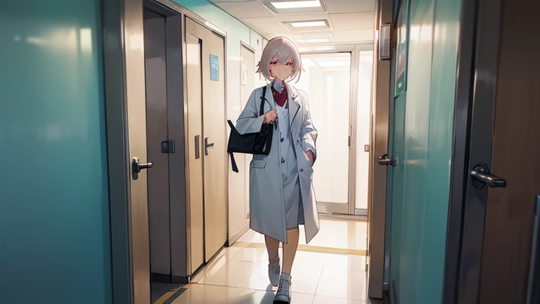 In the hospital corridor、Please draw an illustration of a female doctor in a white coat walking while checking a medical record.。The female doctor has a serious expression、On my way to my next appointment。In the background you can see hospital room doors and hospital equipment.。