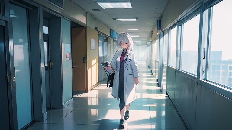 In the hospital corridor、Please draw an illustration of a female doctor in a white coat walking while checking a medical record.。The female doctor has a serious expression、On my way to my next appointment。In the background you can see hospital room doors and hospital equipment.。
