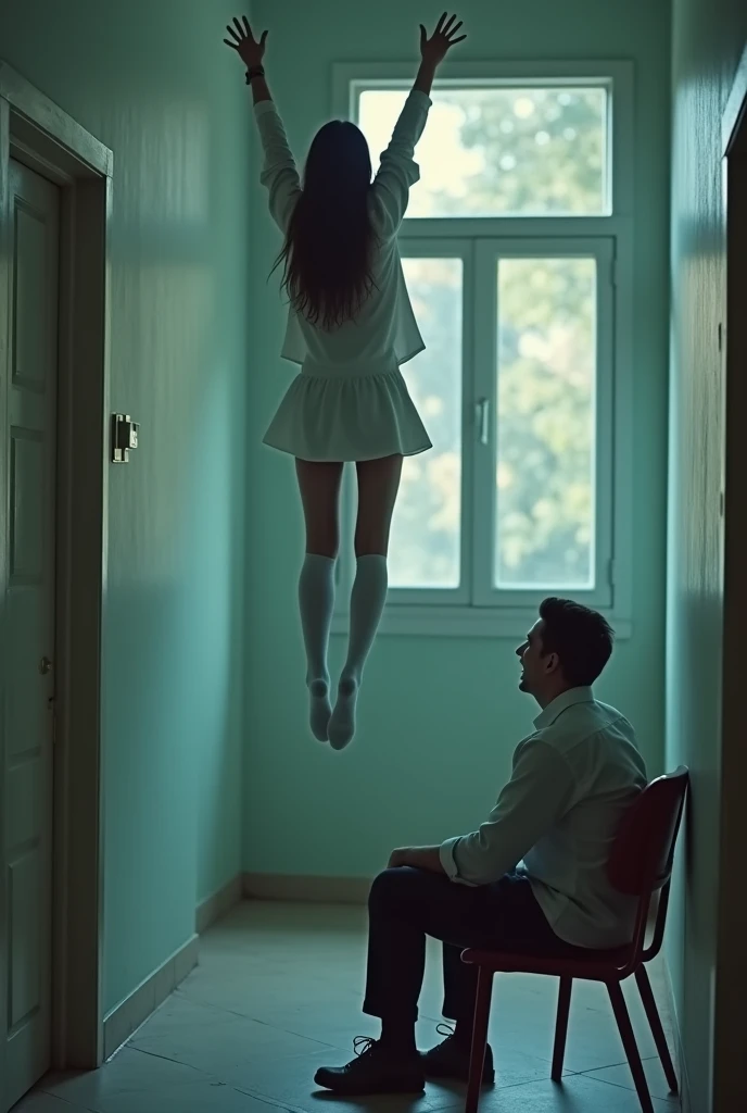 Scene of female student wearing white thigh high socks hanging herself to death ,hovering in the air , a man sitting on the ground in panic with a chair on the ground