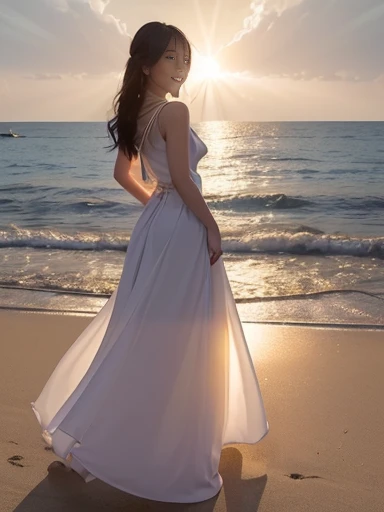 Japanese female, (underweight), (medium bust best quality:1.5), 30 years old, (cheerful grin:1.0), beach, walking, long hair, (evening dress), (beach), (Backlit:1.6), (full body shot), ground-level shot,