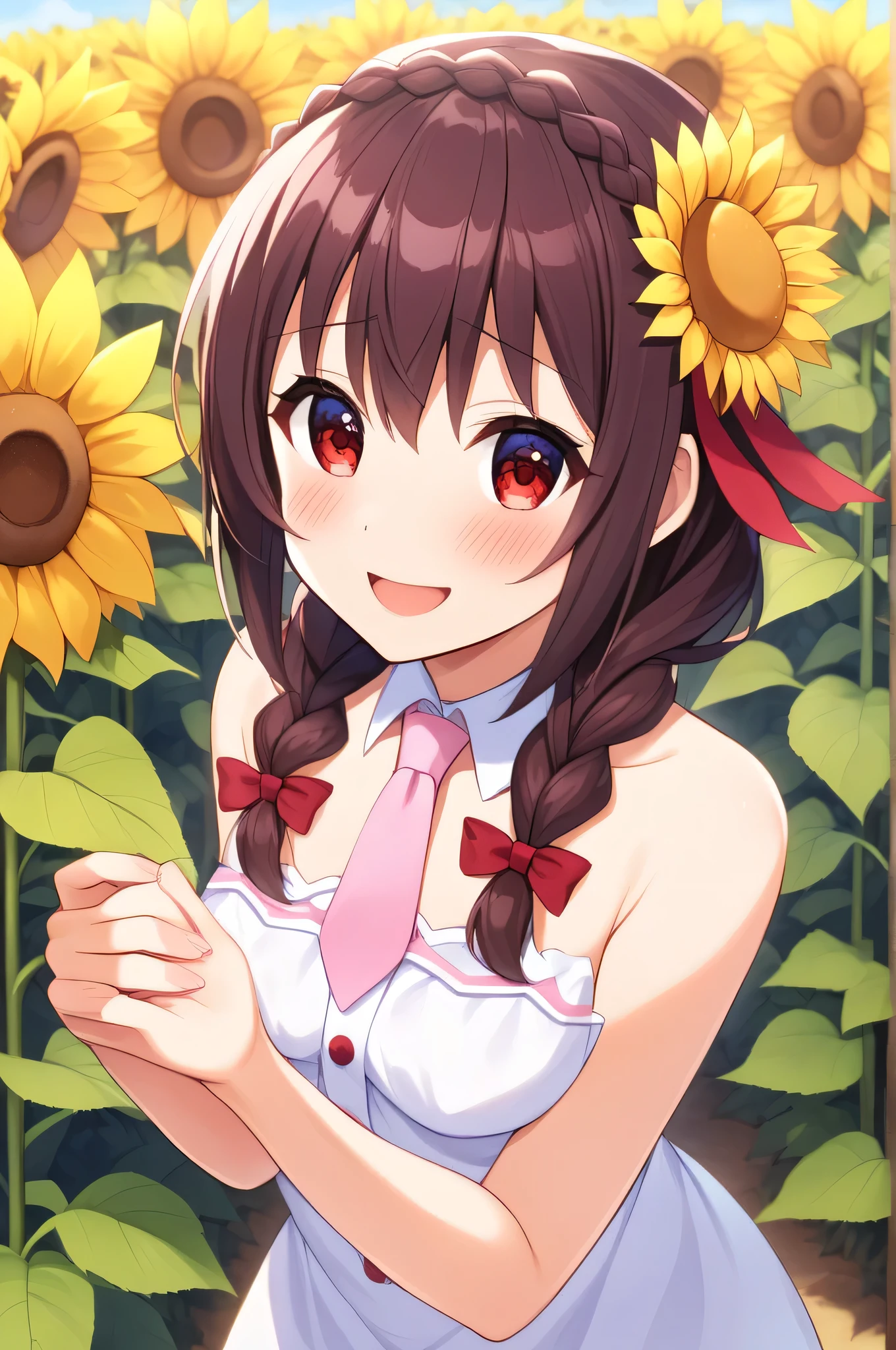 alone, One person, Yunyun, ♥、 (blush:1.5)、Crown braids of the same color as your hair、hair ornaments, Hair Ribbon, Pink tie, White dress, Sunflower field in the background、A very happy look、Standing、He turns around and holds out one hand to the viewer.