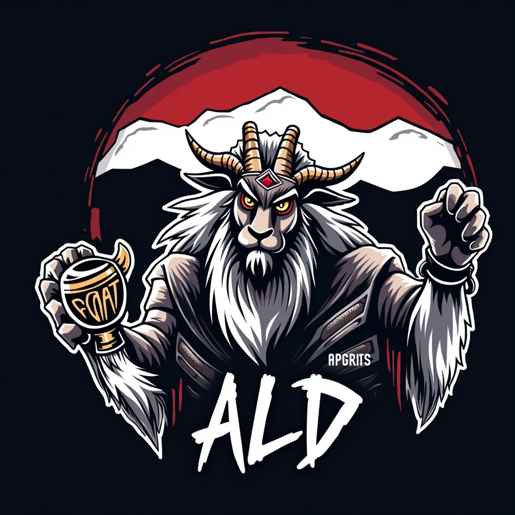 create a sports logo with the name ALD with an indigenous mascot Tupã with a goat holding a trophy written goat inside