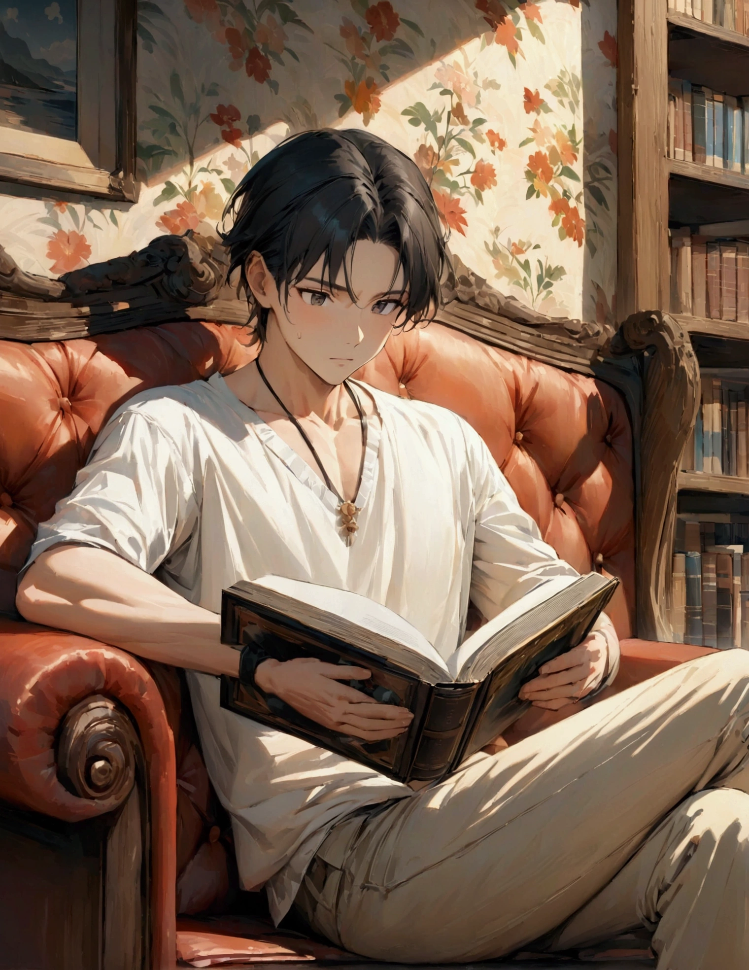 (masterpiece:1.3),(最high quality:1.4),(Very detailedな:1.5),High resolution,Very detailed,8k,artwork,High level of detail,rendering,high quality,Wide range of colors,wallpaper, (Mr.々surrounded by objects、2D anime style with a 90s anime aesthetic)、((2 Japanese male anime))Black Hair、casual、Bangs down style、Neutral face、Handsome、Blank expression、The location is a retro library、Sitting on the couch。 Reading a book with your legs crossed。(The outfit is based on black fashion)
