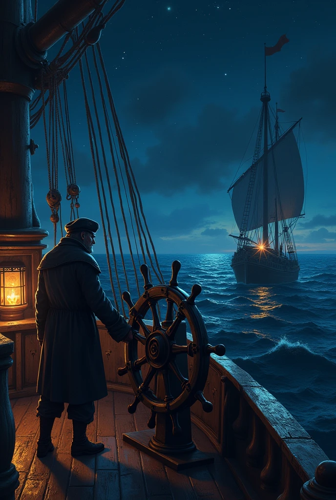 Pirate ship helm、night、Lights flash on board、Beautiful sea、
High resolution, High resolution, masterpiece, 