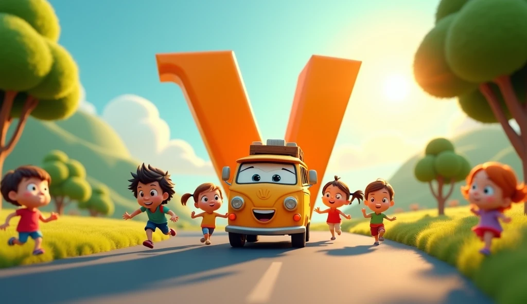 Create an animated image for alphabet V and an talking van and children playing with van and running on road with animation 3D
