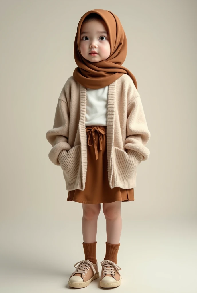 Best quality, masterpiece, ultra high resolution (photorealistic: 1.4), raw photo, 1 girl, cute and adorable girl, , wearing brown hijab, oversized beige cardigan, white shirt, brown miniskirt, brown socks, sneakers, in a photo studio