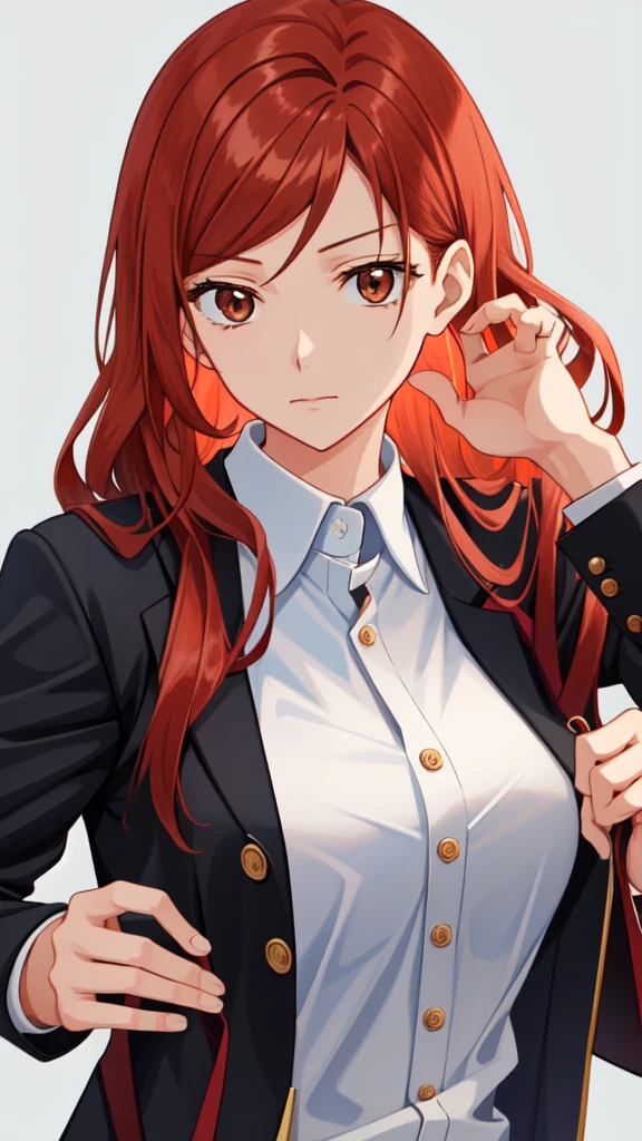 kugisaki nobara, closed mouth, brown eyes, school uniform, long hair, jacket, upper body, 1girl, lips, wavy copper red hair, solo.
Create the image with the best quality. 