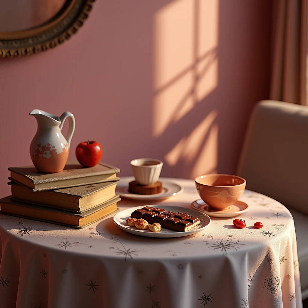 A highly detailed close-up of a table, cloth, books, snacks, chocolate, pink wall background, cute elements, hyperrealistic style, night scene, intricate details, realistic lighting, soft focus, glossy textures, delicate patterns, warm tones, elegant composition