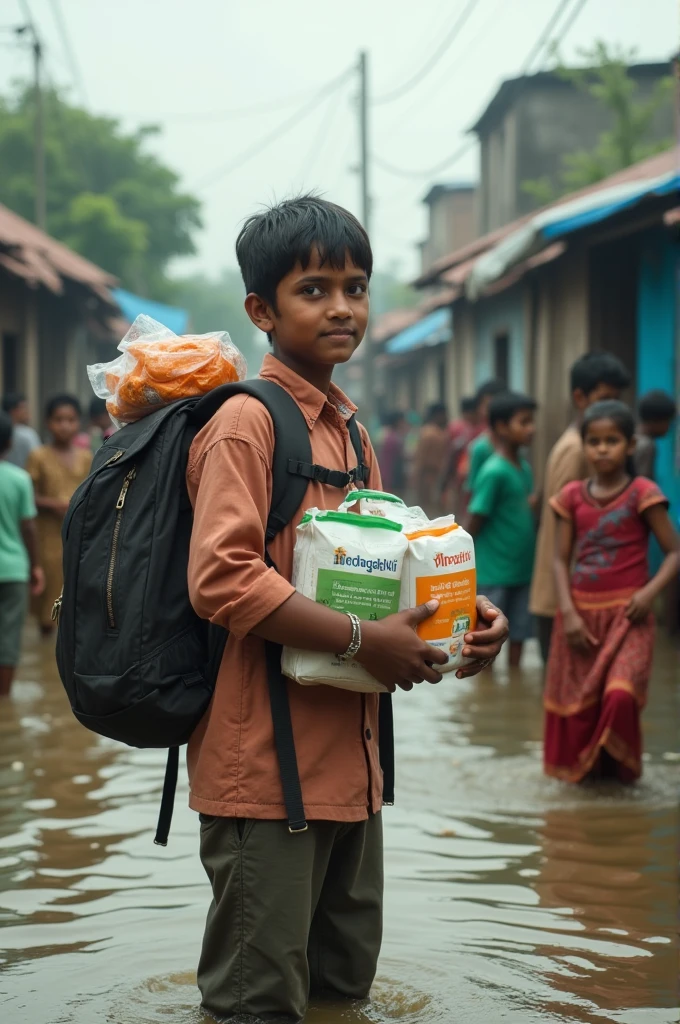 Bangladeshi student giving relief to flood affected people