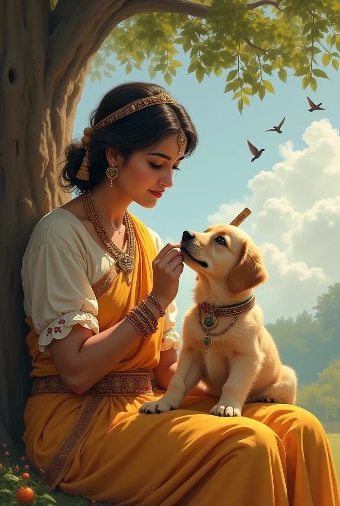 Devaki feeding to Lord Krishna in his childhood. Here Krishna is depicted as a golden retriever dog, the dog's color is brown but not completely dark brown. The dog will be little brown. Devaki will be feeding him, A flute will be present next to the dog. In the background there will be a tree and some birds. Dog will be decorated like Lord Krishna and the dog will be wearing Indian traditional dress. Both dog and devaki face is clearly visible and both are looking front. Please keep a flute next to the dog. Devaki eyes are open