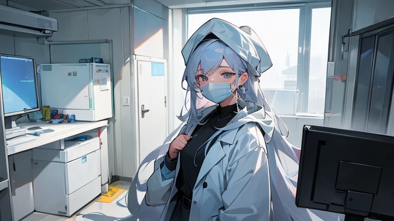 A female doctor in a white coat、Please draw an illustration of preparations being made in front of an operating theatre.。The female doctor wears a surgical cap and mask、A concentrated expression as he prepares for surgery。The background depicts an operating room door and disinfectant.。