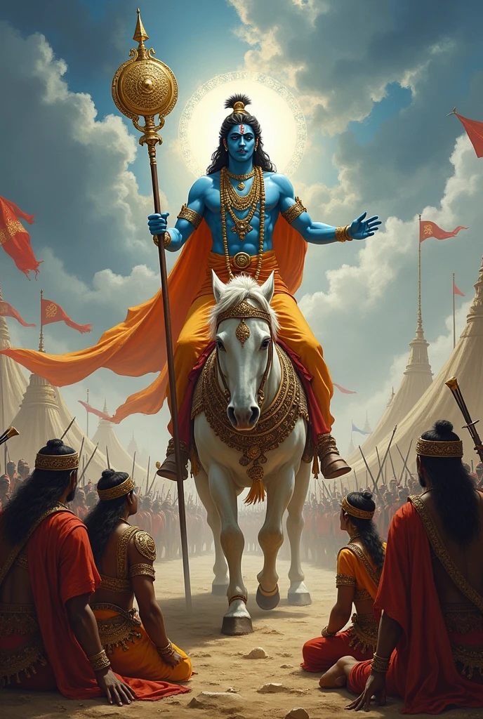 Superior shrikrishna giving knowledge to two greatest armies on knees , Krishna on Rath, sudarshan chakra in hands