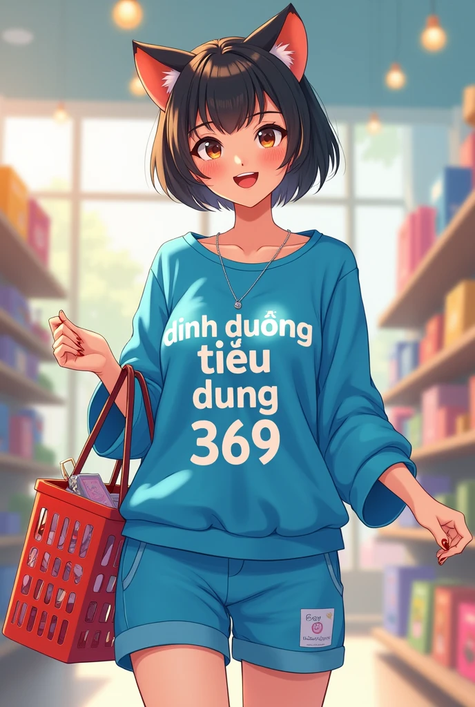 Tạo cho tôi hình ảnh 1 cô gái tóc ngắn tay cầm giỏ mua sắm, cô ấy mặc trang phục trẻ trung màu xanh dương, trên trang phục có dòng chữ "dinh duong tieu dung 369 " , khuôn mặt của cô ấy là khuôn mặt của một chú mèo dễ thương