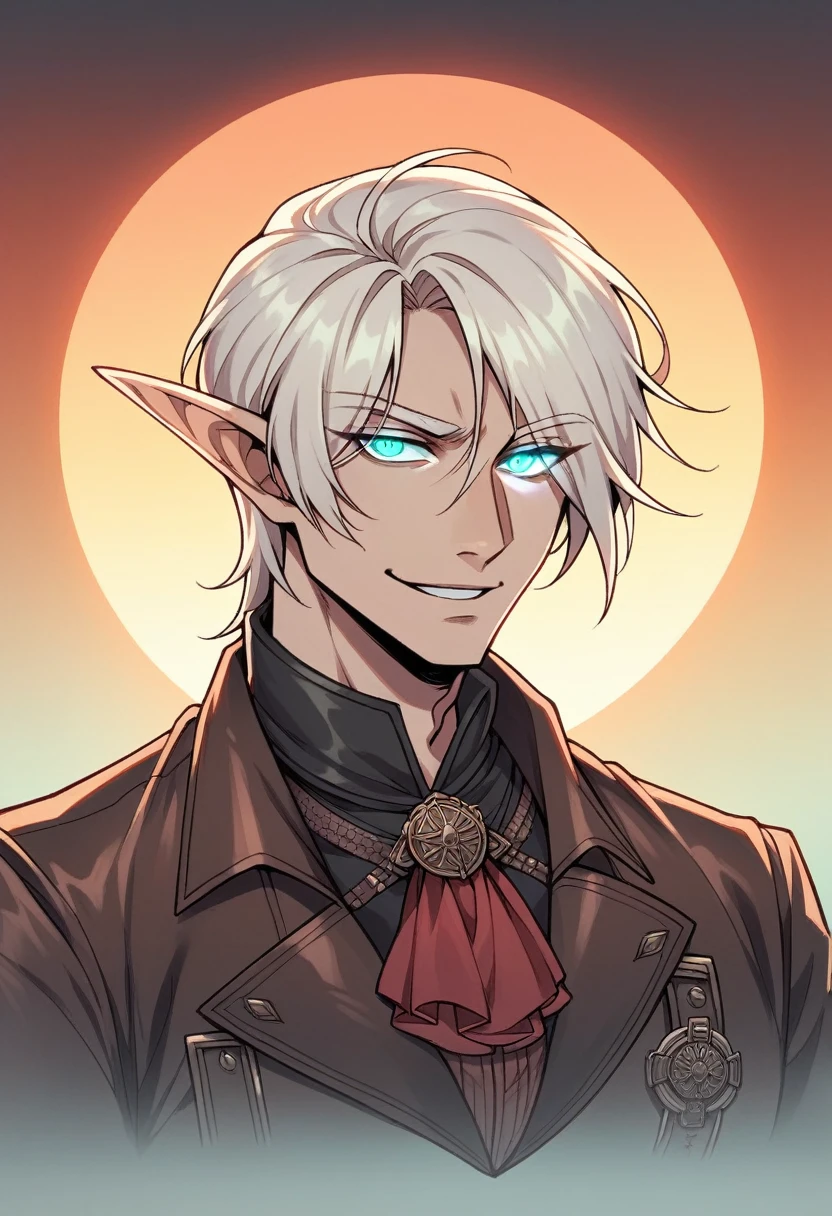 masterpiece, expressive eyes, perfect face, best quality, 1boy, male focus, solo focus, adult, rouge, radiant aqua eyes, sun kissed skin, short hair, cropped hair, clean hair, Copper hair, elven, bloodborne, leather, arcana, High elf, glowing eyes, smirking, black gloves, Full body,