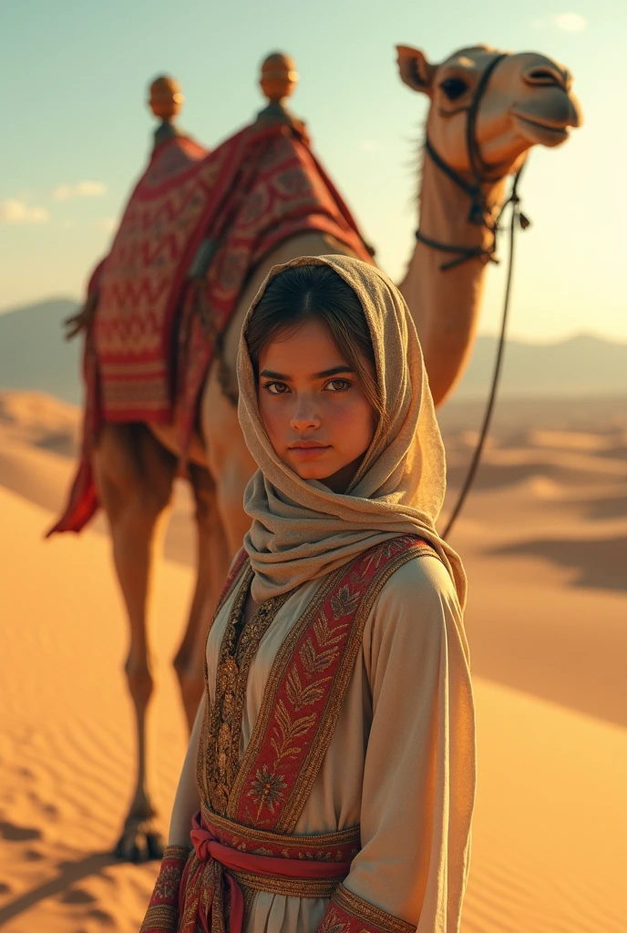 A arabian girl in a desert with a camel