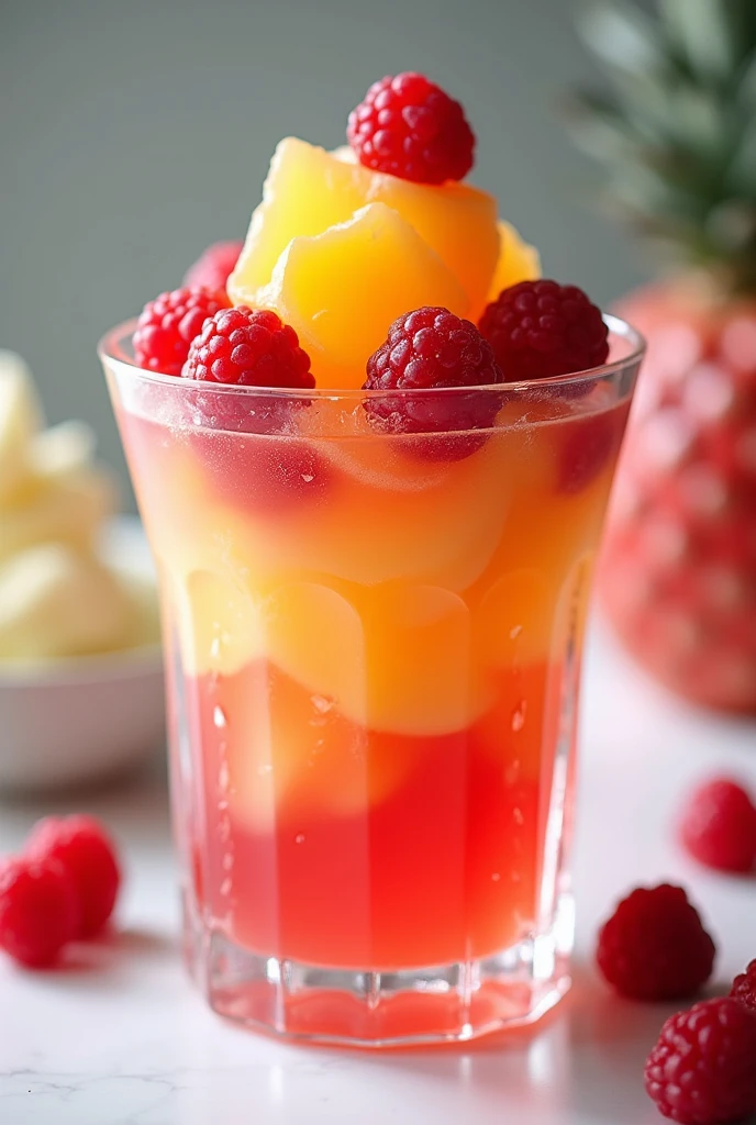 Jelly was cut and on top with fruity in the clear plastic glass for seller