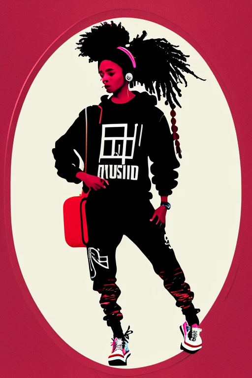 A background filled with scattered musical notes in various sizes and colors、
Creative logo illustration of a silhouette with dreadlocks and red headphones,
Banksy、
A background completely filled with scattered musical notes in various sizes and colors, covering the entire screen.
beautiful girl colorful image
Dance hiphop Dance CREW Waacking Dance
Punking
black medium hair black medium hair
Five fingers Baggy clothes Baggy clothes
HIPHOP crew、