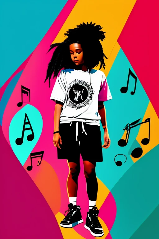 A background filled with scattered musical notes in various sizes and colors、

Creative logo illustration of a silhouette with dreadlocks and red headphones, 
Banksy、
A background completely filled with scattered musical notes in various sizes and colors, covering the entire screen.

beautiful girl colorful image

Dance hiphop Dance CREW  Waacking Dance

Punking 

black medium hair black medium hair 

Five fingers Baggy clothes Baggy clothes
HIPHOP crew、