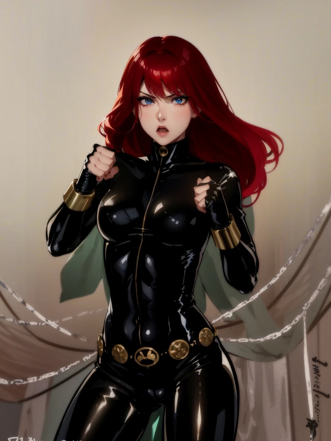 The image is a drawing of a girl with red hair dressed in a sleek skin-tight shiny black latex bodysuit with a silver zipper running down the front. The suit is complemented by her golden wrist guard on both wrists and a golden belt made of shiny circles. She has blue eyes. She stands with a strong posture, hands clenched into fists at her sides, and eyes cast with a determined or fierce gaze. In the background, there are white chains that curve upwards. Her overall stance and the background chains convey a powerful presence and a sense of energy, readiness for action, and possibly a dangerous situation.
