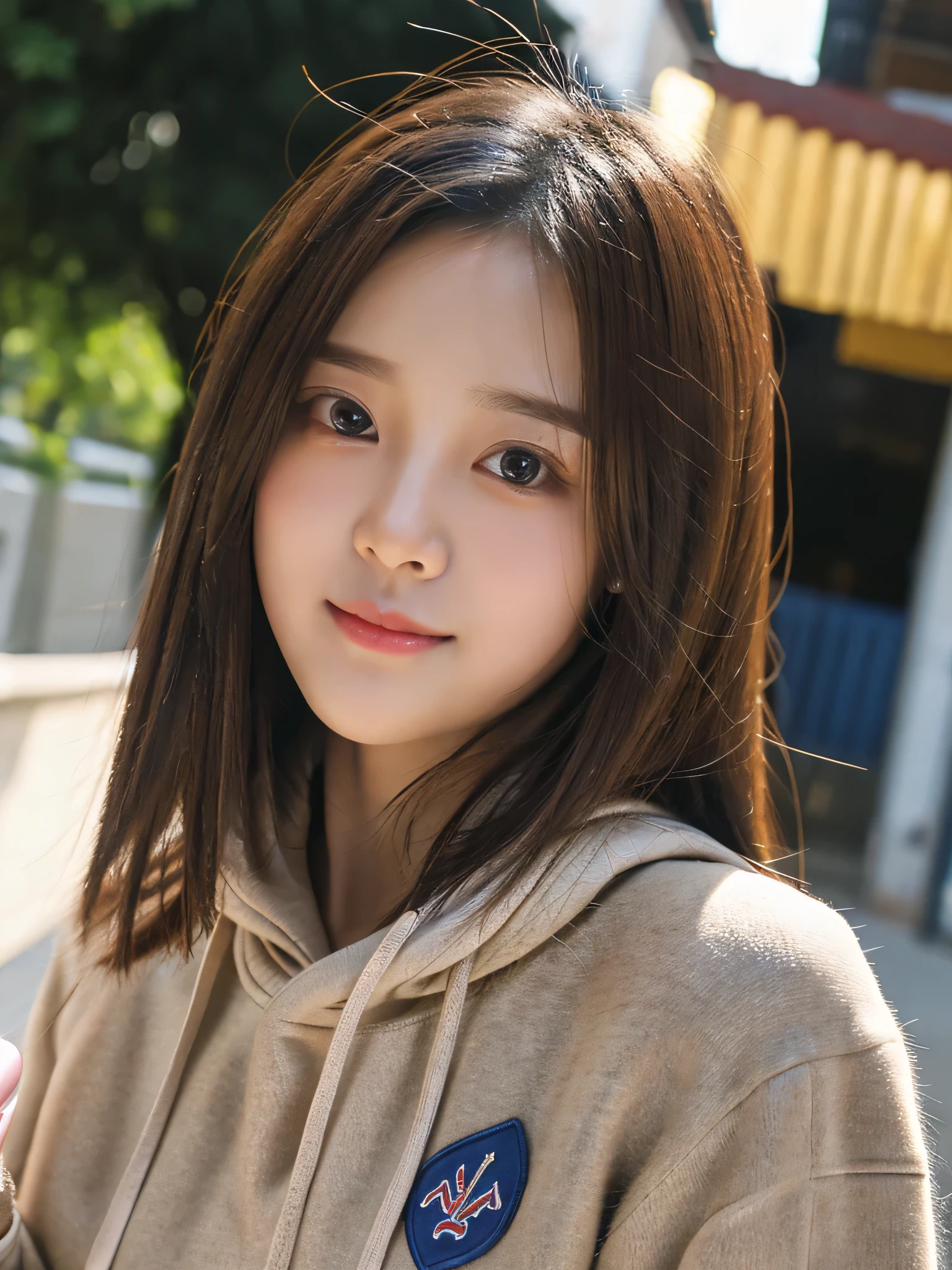 student girl korean cute face ((best quality)), ((masterpiece)), (detailed), perfect face, seductive, face and body focus, casual clothes, photorealistic, casual hood, photorealistic, photograph, shiny blouse, background her home, out door, Selfi,use handphone
