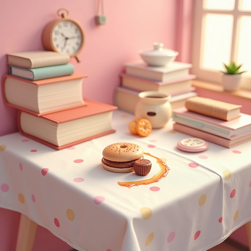 Close up of a table with waste water on it, cloth, books, snacks, chocolate, pink wall background, cute elements, hyperrealistic idea, night