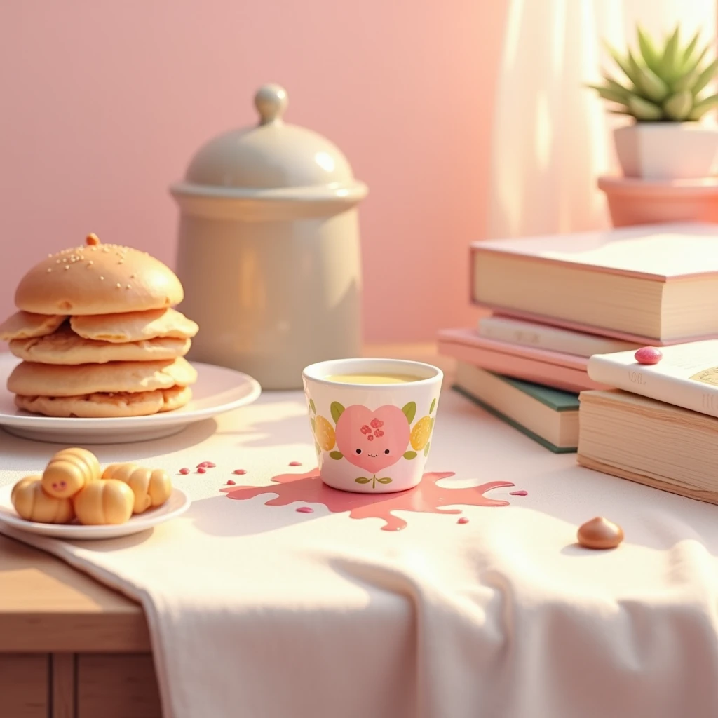 Close up of a table with waste water on it, cloth, books, snacks, chocolate, pink wall background, cute elements, hyperrealistic idea, night