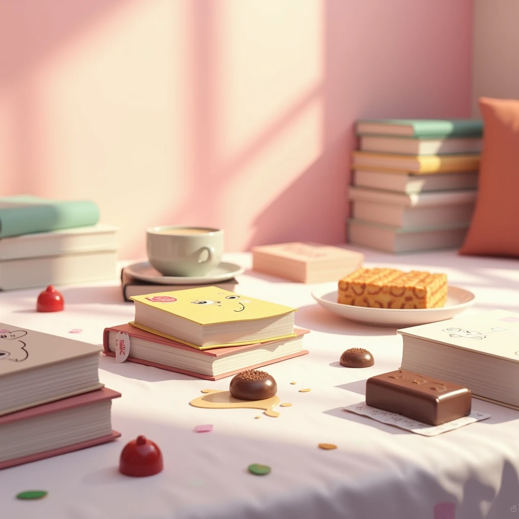 Close up of a table with waste water on it, cloth, books, snacks, chocolate, pink wall background, cute elements, hyperrealistic idea, night