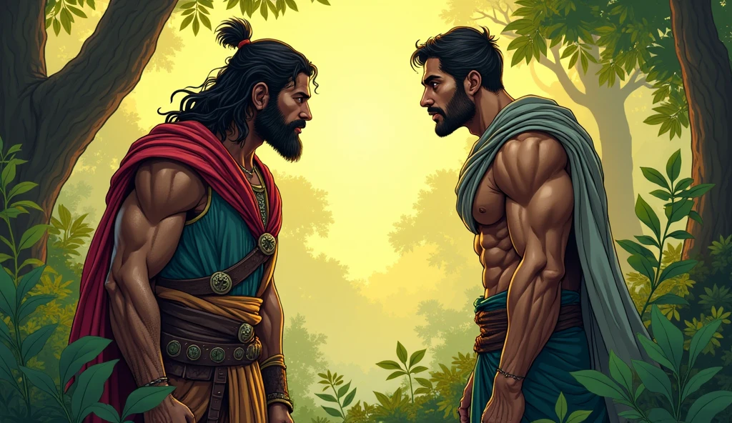 Sage Bhaskar listening intently: Create an image of Sage Bhaskar listening carefully to Arav a strong fighter, with a calm, wise expression. The setting should be the same peaceful forest, with vibrant green colors and warm lighting. In comic style