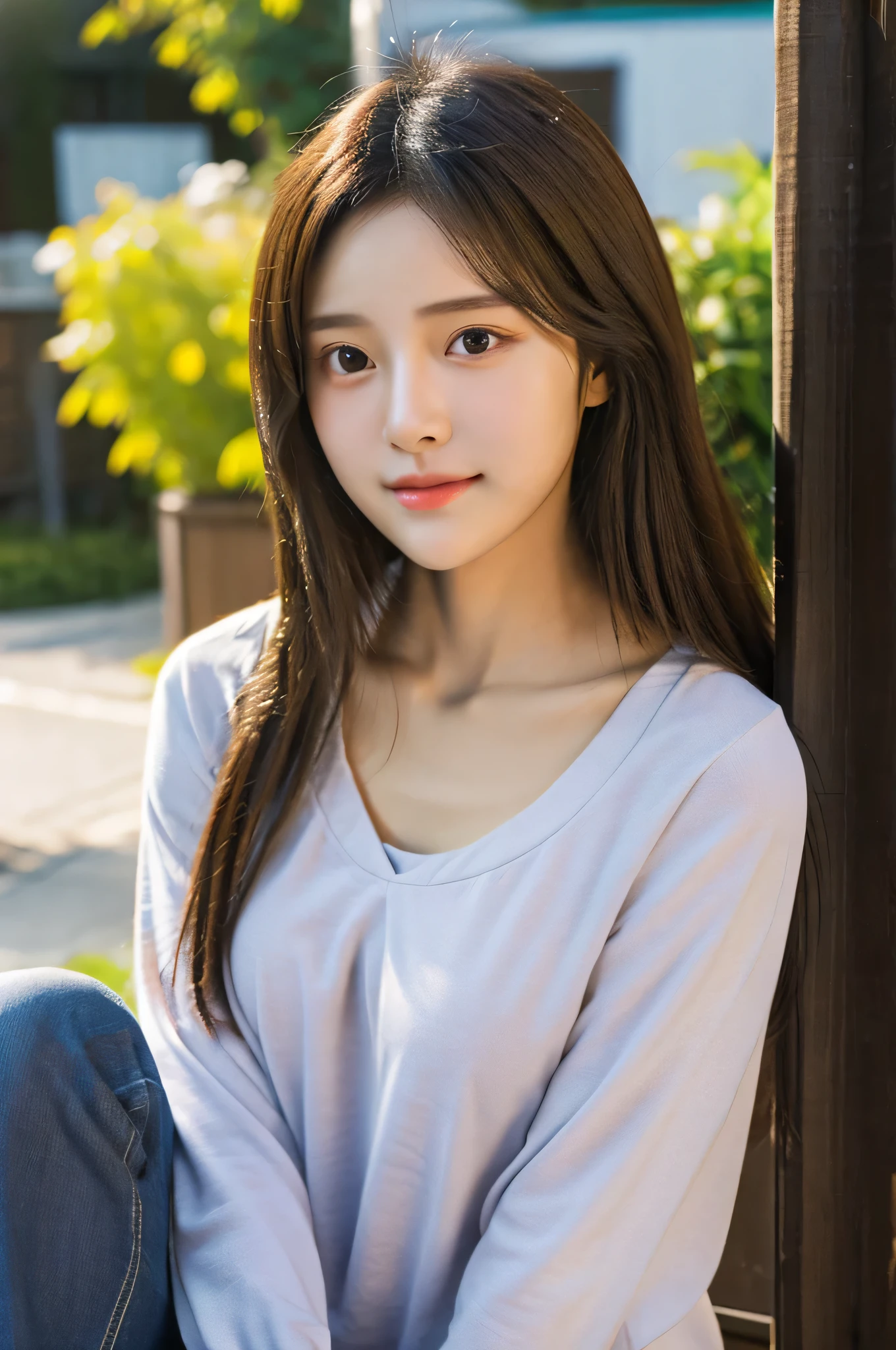 student girl korean cute　face　((best quality)), ((masterpiece)), (detailed), perfect face, seductive, face and body focus, small breasts, casual clothes, photorealistic, casual hood, photorealistic, photograph, shiny blouse, background her home, out door 