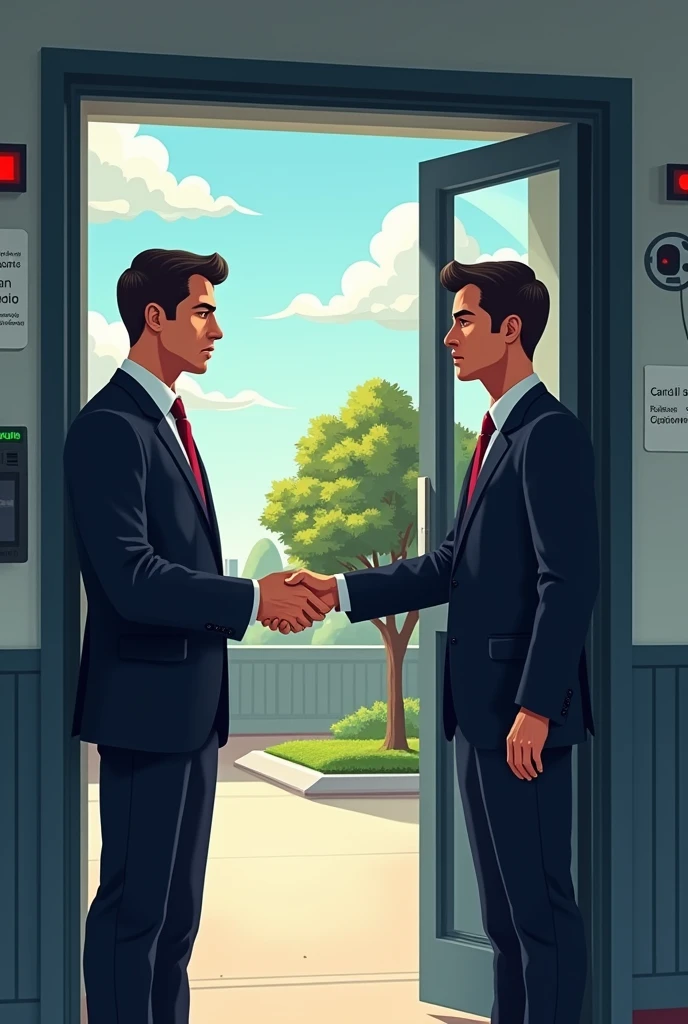 A man handing pass to a guard at a guard house, the guard is in the guard house