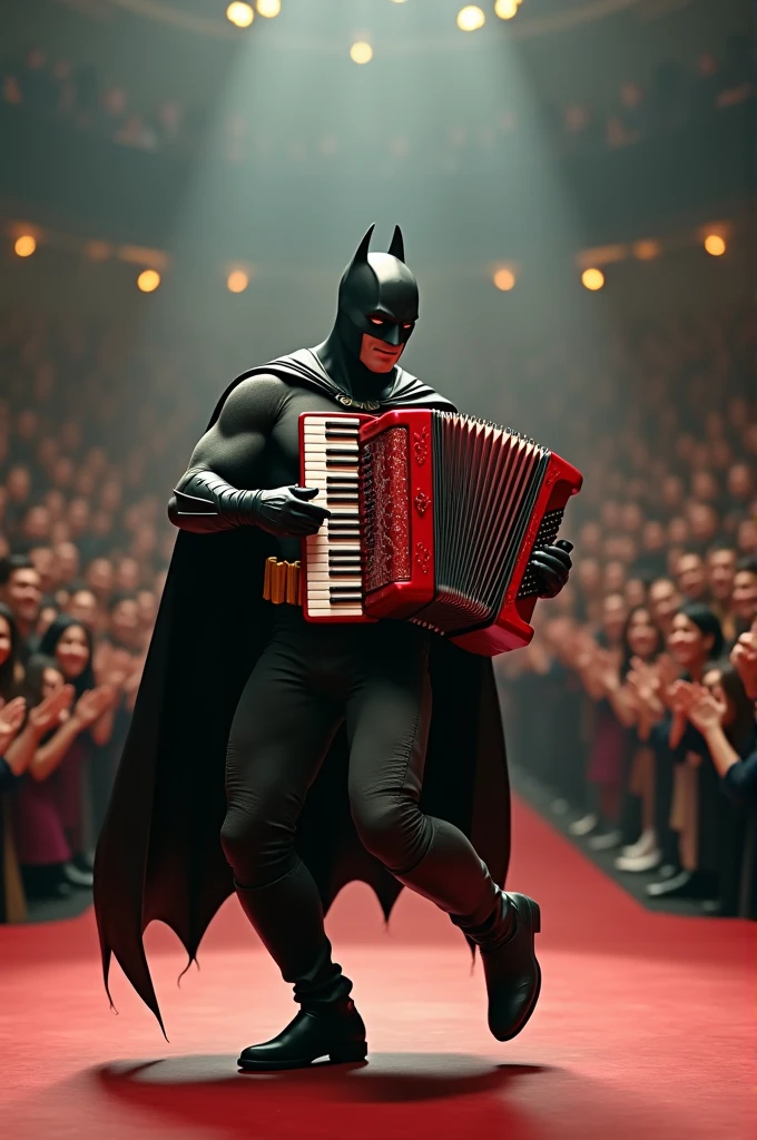 Batman playing a red accordion, dancing happily on a giant stage with a large audience in the background