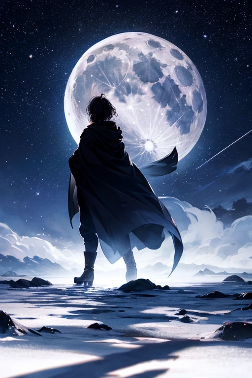Highest quality,Big moon and shadow,A silhouette of a person can be seen against the backdrop of a large moon.,There is one full moon,There is a mood,Beautiful scenery,Starry Sky