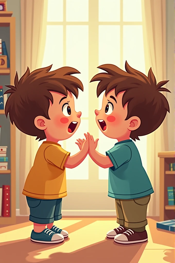 Create twins cartoon boy of five years old. Quarrels with each other