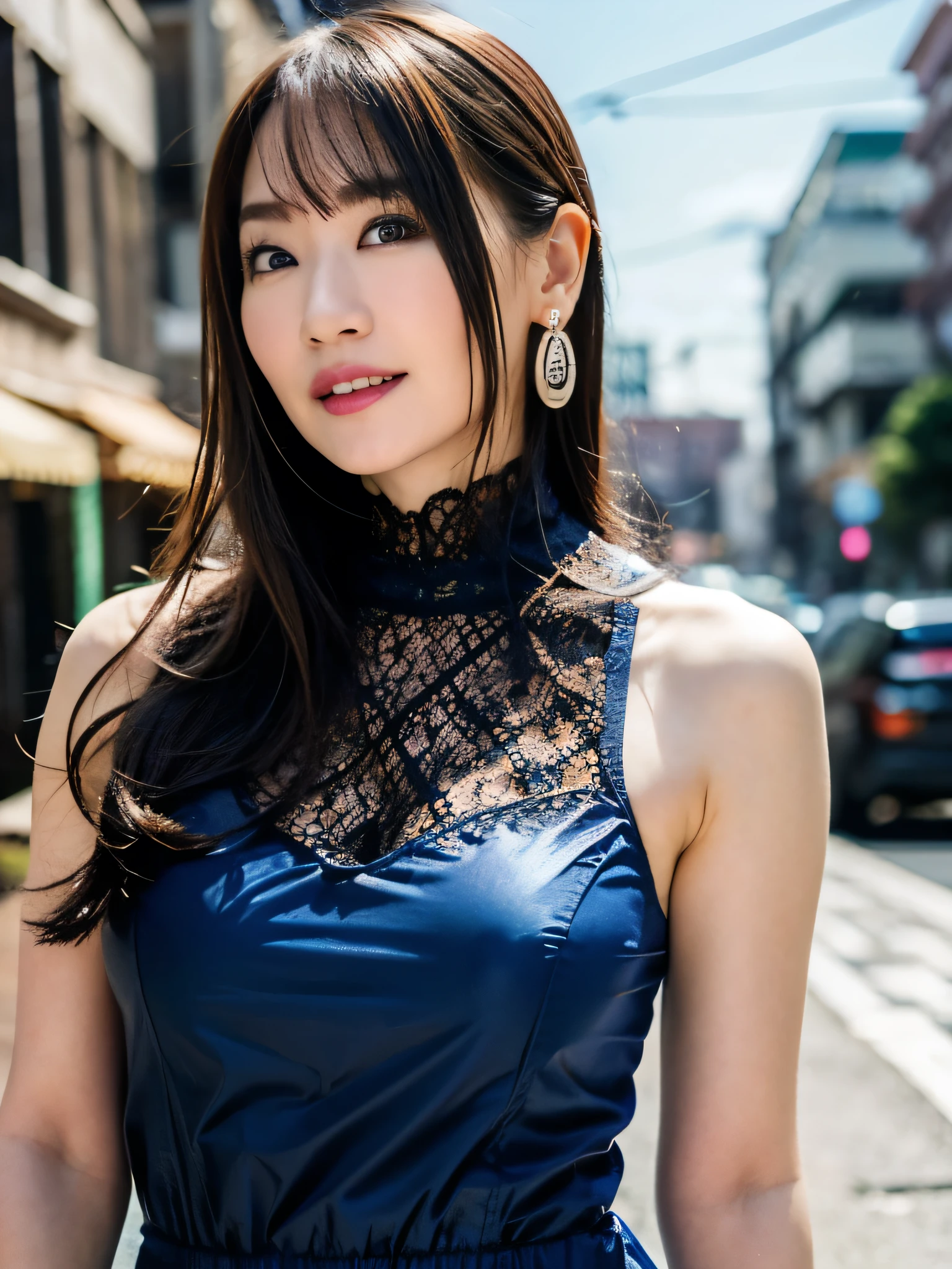 a woman posing on the street corner with light blue dress on, best quality, high res, 8k, 1girl, (huge breasts), day, bright, outdoor, (street:0.8), (people, crowds:1), (lace-trimmed dress:1.5, light blue clothes:1.5, blue high-neck dress:1.5, sleeveless dress, blue dress: 1.5), gorgeous, (medium hair), beautiful detailed sky, beautiful earrings, (dynamic pose:0.8), (upper body:1.2), soft lighting, wind, shiny skin, looking at viewer,、小さな胸