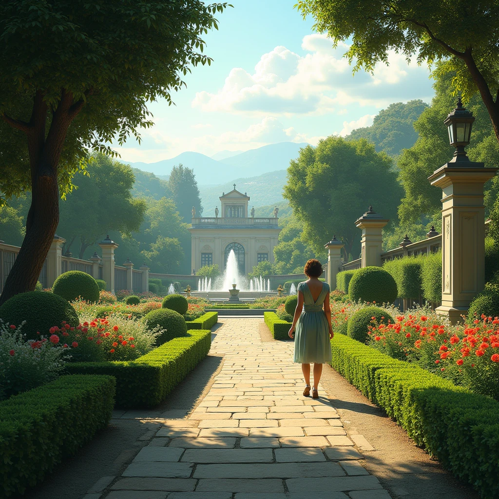 In a garden with the Boboli Gardens in the background