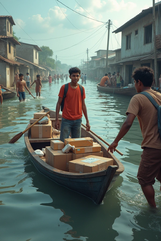 Bangladeshi student giving relief to flood affected people from boat