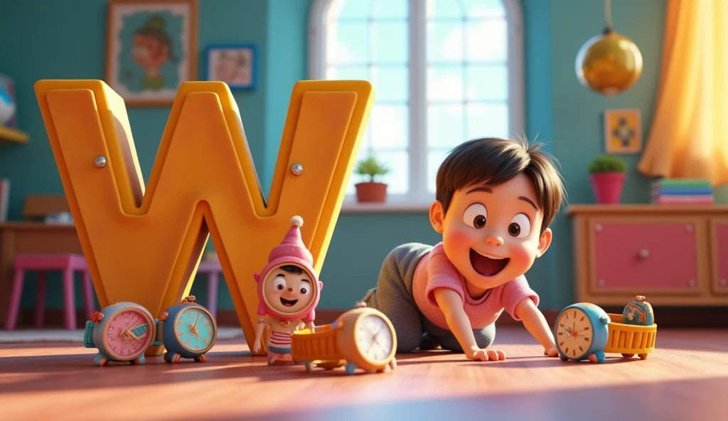 Create an animated image for alphabet W and an talking watch and children playing with watches with animation 3D