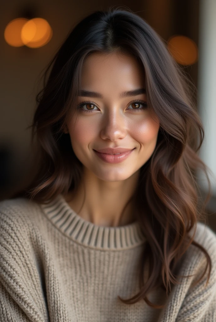 belle brune portant un pull, yeux marron, type européen, texture de peau réaliste, texture, yeux détaillée, professionnel, 4k, sourire charmant, corps ajusté, extrêmement détaillé, rugosité, détails maximum, vrai vie, ultra réaliste, photoréaliste,8k